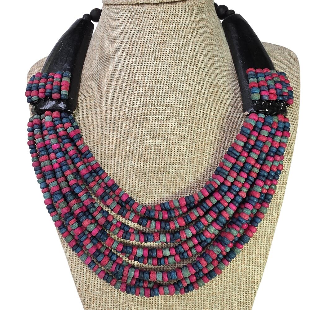 Vintage Tribal BOHO Bead Necklace Multi Strand Multi Color 20" Shortest Strand